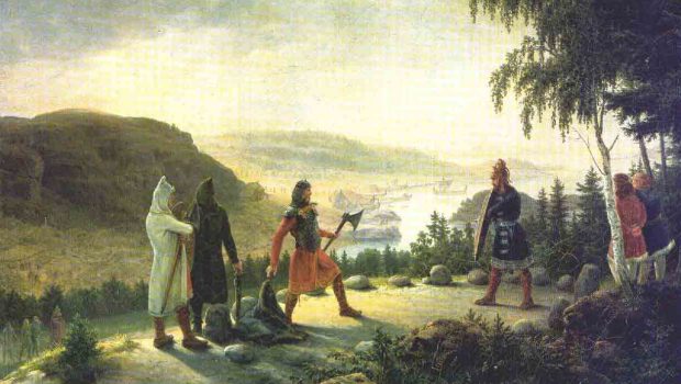 Egill Skallagrímsson og Berg-Önundr i en holmgang. Bildet er malt av Johannes Flintoe